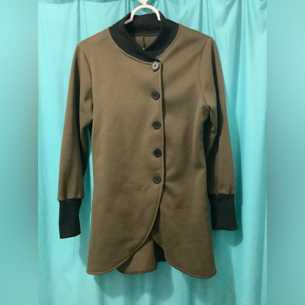 Fleece, olive green button down sweater.